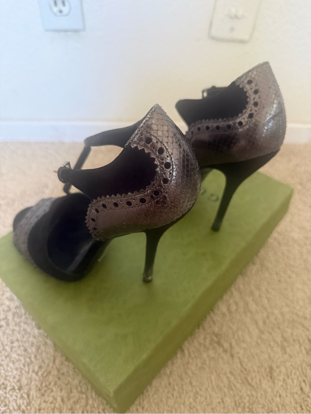 Gucci Metallic Gray T-Strap Brogue Stiletto Heels